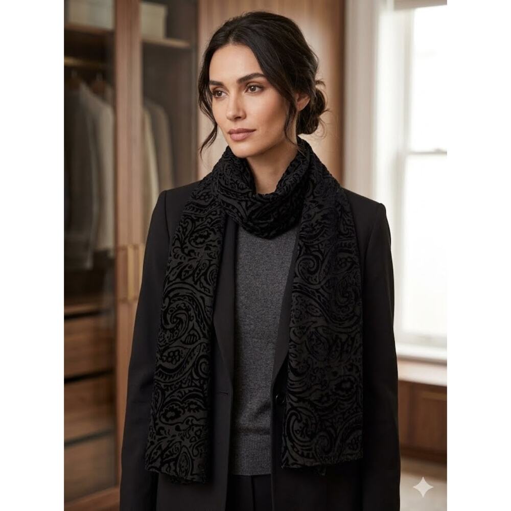 Forcaster of Boston Womens Black Velvet Burnout Scarf Raised Paisley Print Wrap